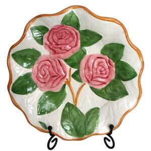 Vintage Fleurs Du Jardin Hand Painted Rose Plate Pink Embossed Wavy 8" Dessert